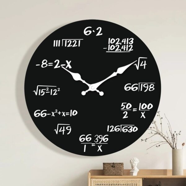 Modern wall clock featuring scientific equations and mathematical symbols, perfect for science enthusiasts and educational decor.