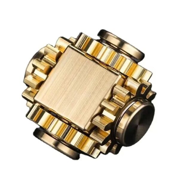 Gold gear cube with interlocking gears, ideal for science education and mechanical puzzles. Perfect for STEM learning and educational toy collections.