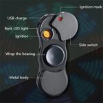 Close-up of a modern fidget spinner featuring LED backlight, USB charge port, and labeled parts including ignition mark, side switch, and metal body.