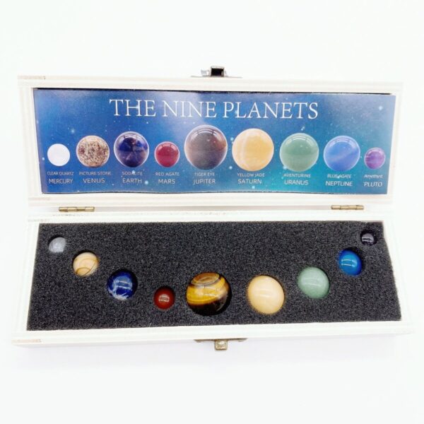 An educational miniature solar system model featuring nine planets, including Mercury, Venus, Earth, Mars, Jupiter, Saturn, Uranus, Neptune, and Pluto, arranged in a display case.
