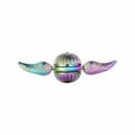 Colorful metallic winged sphere with a ribbed design and iridescent finish, featuring attached wing-like structures on each side.
