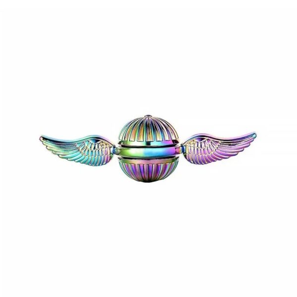 Colorful metallic winged sphere with a ribbed design and iridescent finish, featuring attached wing-like structures on each side.