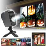 Portable Halloween projector displaying animated pumpkin faces and spooky scenes on a wall. Perfect for Halloween parties and themed decorations. Includes 12 fun movies for kids.