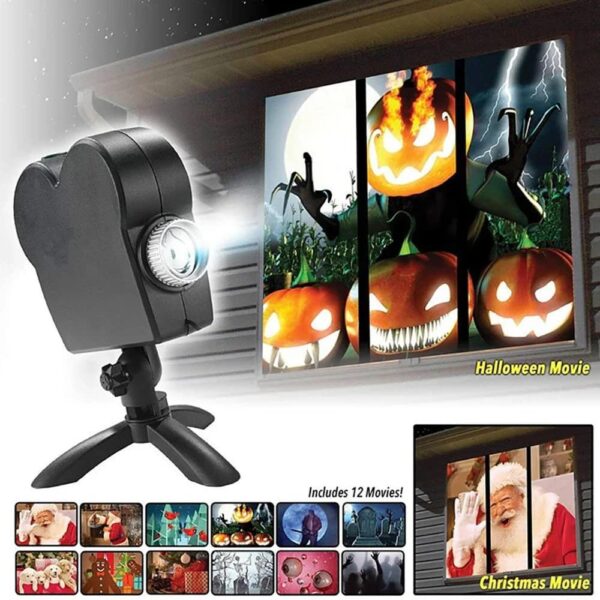 Portable Halloween projector displaying animated pumpkin faces and spooky scenes on a wall. Perfect for Halloween parties and themed decorations. Includes 12 fun movies for kids.