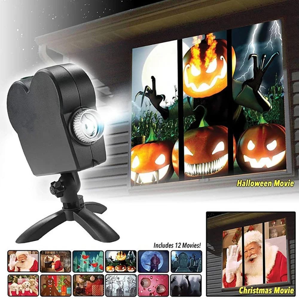 Spooky Halloween Movie Projector for Kids Portable Halloween projector displaying animated pumpkin faces and spooky scenes on a wall. Perfect for Halloween parties and themed decorations. Includes 12 fun movies for kids.