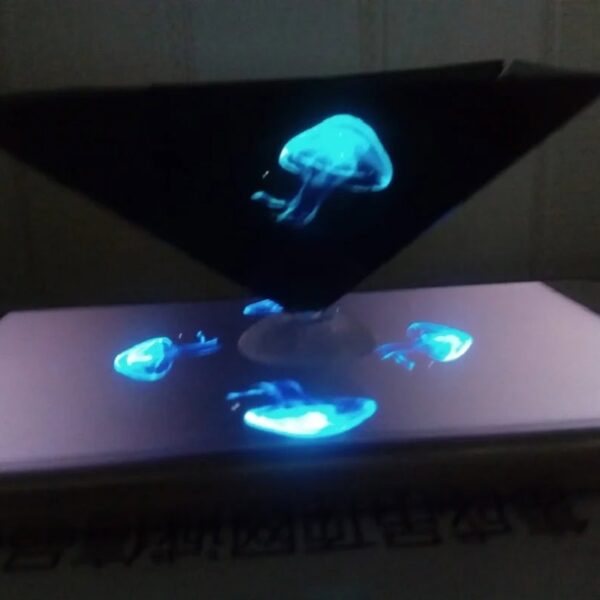 Vivid glowing jellyfish model with LED lighting on a black stand, showcasing bioluminescence for educational and decorative purposes.
