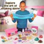 Young girl happily exploring slime art with a colorful slime kit, featuring various ingredients and tools for creative slime crafting at home.