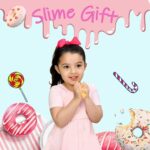 Young girl holding slime with colorful candies and donuts in the background, showcasing a fun slime gift for children.