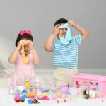Kids playing with slime and science toys, demonstrating fun science experiments at home.