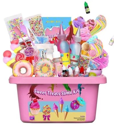 Brightly colored slime kit with various toppings, bottles, and tools for making fun, edible-looking slime. Perfect for kids' science and craft activities.