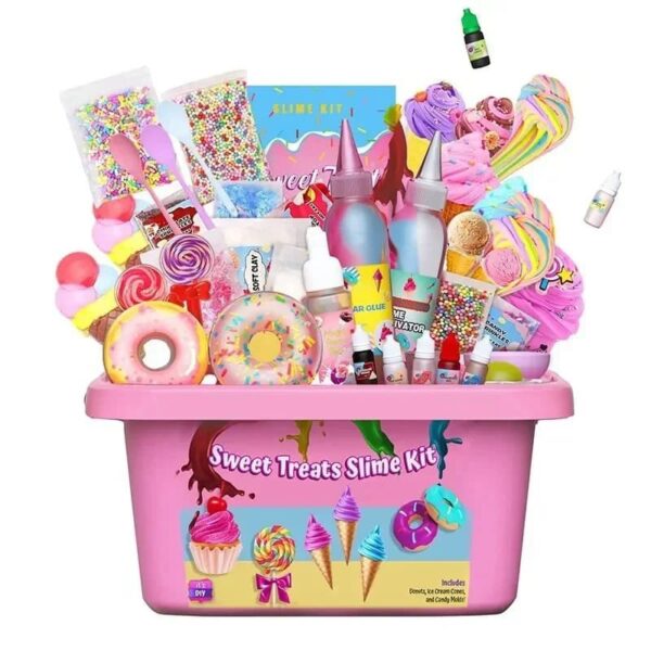 Brightly colored slime kit with various toppings, bottles, and tools for making fun, edible-looking slime. Perfect for kids' science and craft activities.