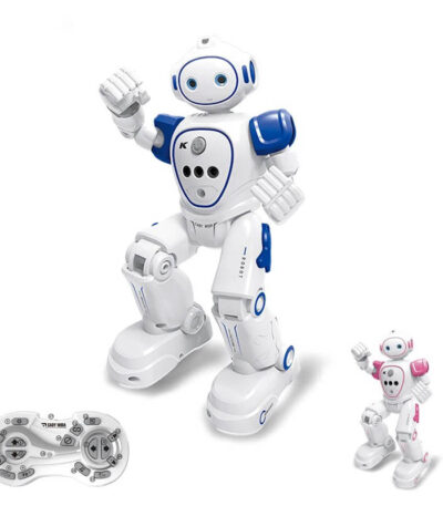 Interactive robot toy with remote control, featuring a white and blue design, perfect for educational and entertainment purposes.