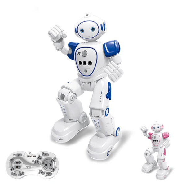 Interactive robot toy with remote control, featuring a white and blue design, perfect for educational and entertainment purposes.