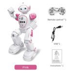 Interactive pink robot toy with remote control, USB charging cable, and instruction manual, designed for educational and entertainment purposes for children.