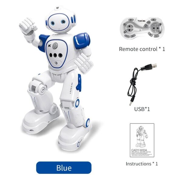 Interactive robot toy with remote control, USB cable, and instruction manual, designed for educational and entertainment purposes for children.