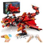 Red dragon robot construction set with remote control, featuring wings, claws, and LED lights, designed for educational play and STEM learning.