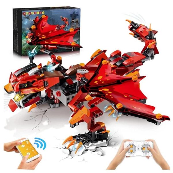 Red dragon robot construction set with remote control, featuring wings, claws, and LED lights, designed for educational play and STEM learning.