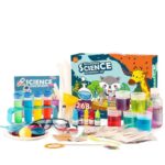 Complete science experiment kit for children with colorful liquids, safety goggles, and educational tools for hands-on learning and fun science activities.