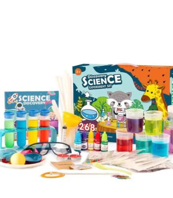 Complete science experiment kit for children with colorful liquids, safety goggles, and educational tools for hands-on learning and fun science activities.