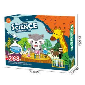 Colorful discovery science experiment set featuring animal characters and laboratory equipment, designed for children aged 3 and up to explore basic scientific concepts.