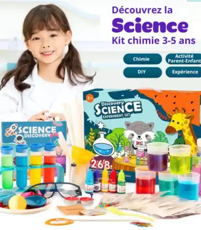 Discover the science kit for children aged 3-5, featuring fun experiments with colorful liquids, test tubes, and educational tools to inspire young scientists.