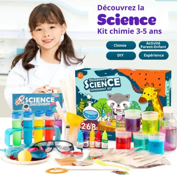 Discover the science kit for children aged 3-5, featuring fun experiments with colorful liquids, test tubes, and educational tools to inspire young scientists.