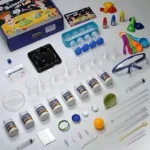 Complete science experiment set with test tubes, chemicals, safety goggles, and tools for educational chemistry experiments at home or school.
