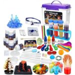Complete science experiment kit with colorful chemicals, safety goggles, and tools for educational science activities and experiments at home or school.