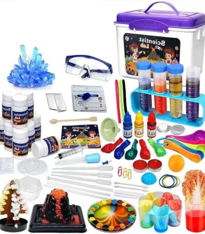 Complete science experiment kit with colorful chemicals, safety goggles, and tools for educational science activities and experiments at home or school.