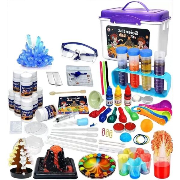 Complete science experiment kit with colorful chemicals, safety goggles, and tools for educational science activities and experiments at home or school.