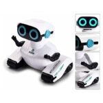 Interactive robot toy with LED eyes, movable arms, and a sleek white design, perfect for educational and entertainment purposes for children.