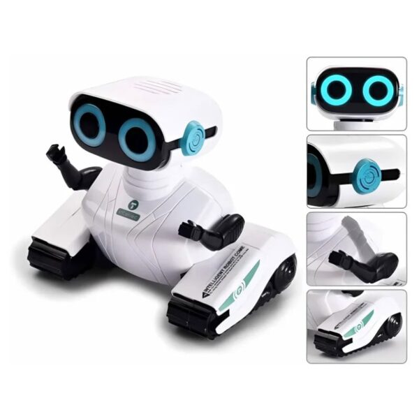 Interactive robot toy with LED eyes, movable arms, and a sleek white design, perfect for educational and entertainment purposes for children.