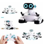 An interactive robot toy designed for educational purposes, featuring remote and app control, with a friendly appearance and versatile movement capabilities.