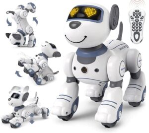 Interactive robot dog with remote control, featuring movable limbs and expressive LED face, designed for educational and entertainment purposes.