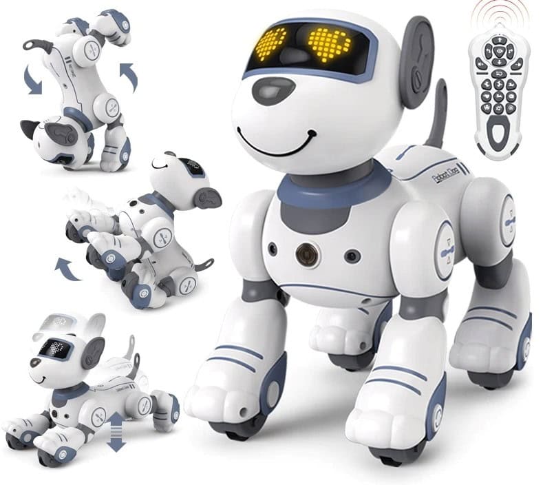 Interactive robot dog with remote control, featuring movable limbs and expressive LED face, designed for educational and entertainment purposes.