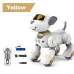 Interactive yellow robot dog with remote control, batteries, and charging cable, designed for educational play and entertainment for children.