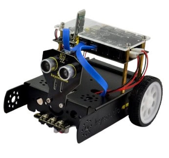 Advanced STEM educational robot with sensors, wheels, and electronic components for learning robotics and programming.