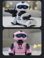 A cute robot toy with a gun, featuring a white design with blue accents, and a pink version with black details, perfect for educational and science-themed decor.