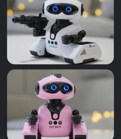 A cute robot toy with a gun, featuring a white design with blue accents, and a pink version with black details, perfect for educational and science-themed decor.
