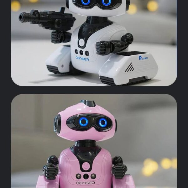 A cute robot toy with a gun, featuring a white design with blue accents, and a pink version with black details, perfect for educational and science-themed decor.