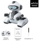 White robot toy with remote control, instruction book, and screwdriver, ideal for educational science and robotics projects for kids and students.