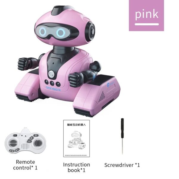 Pink robot toy with remote control, instruction book, and screwdriver, perfect for educational play and STEM learning for children.