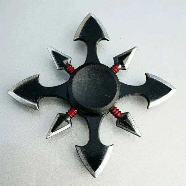 A black and silver fidget spinner with arrow-shaped blades and red accents, designed for stress relief and focus enhancement.