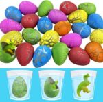 Brightly colored plastic eggs with a small green dinosaur toy inside, demonstrating a fun and educational toy for children.
