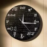 Modern wall clock featuring a black background with white mathematical formulas and symbols, perfect for science and math enthusiasts.