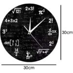 Educational science wall clock featuring mathematical formulas and equations on a black background.
