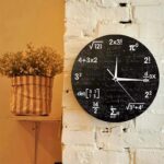 Analog clock with mathematical formulas and equations on a black background.