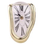 Surreal melting clock with distorted face and Roman numerals, inspired by Salvador Dalí's famous painting, featuring a gold frame and a glass dome.