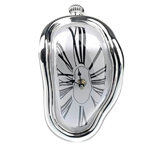 Surreal melting clock wall decor with distorted glass frame and Roman numerals, inspired by Salvador Dalí's surrealist art.