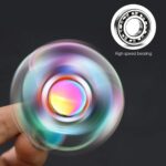 Colorful fidget spinner featuring a high-speed bearing for smooth spinning and stress relief, held in hand against a dark background.